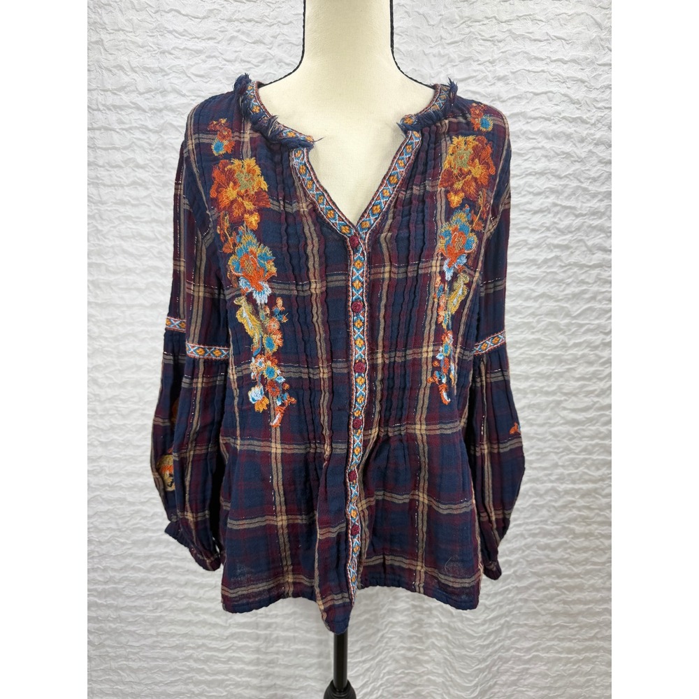 Sundance Embroidered Plaid Blouse Navy Burgundy Floral Metallic Boho Top